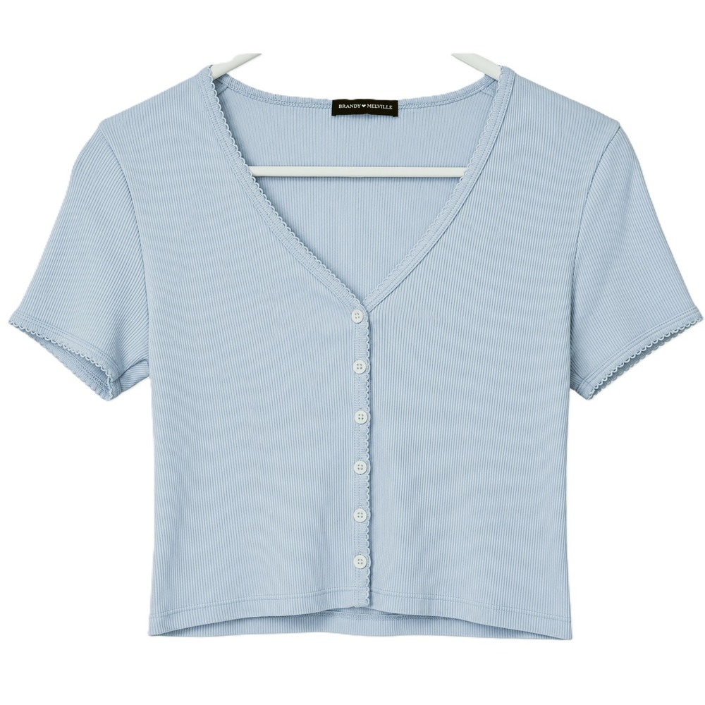 Brandy Melville Top Cropped Ribbed Cotton Womens One Size Blue Shirt
